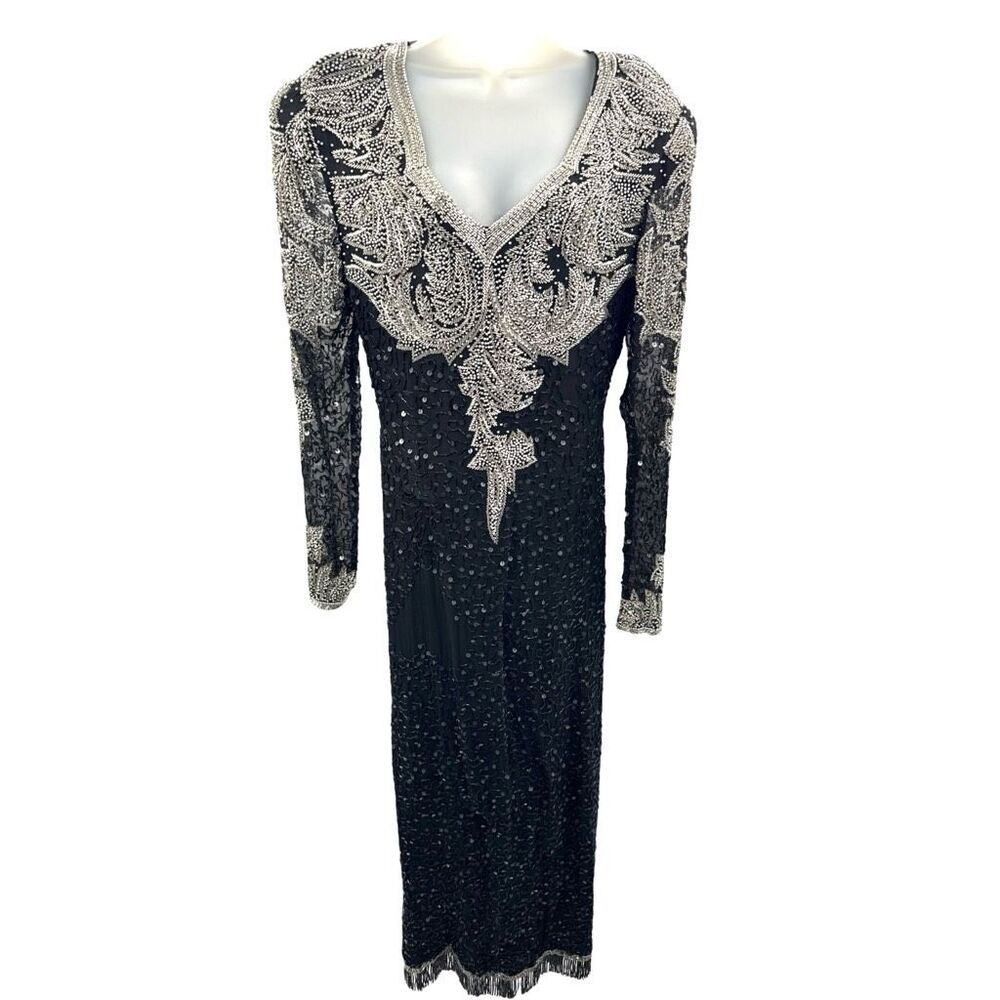 Vintage Fully Beaded Black Silver Evening Gown XL 14 Sequin Long Dress Art Deco